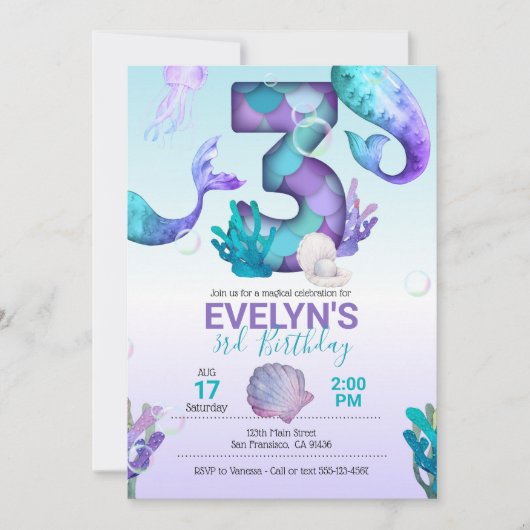 Mermaid Tail Mermaid Invitation pour le 3e anniver (Devant)
