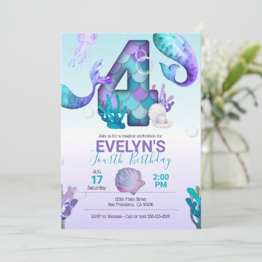 Mermaid Tail Mermaid Invitation pour le 4e anniver (Debout devant)
