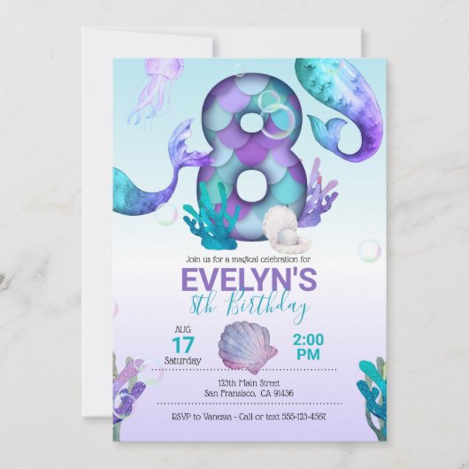 Mermaid Tail Mermaid Invitation pour le 8e anniver (Devant)