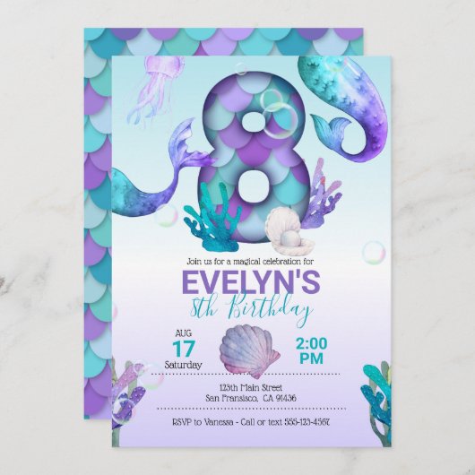 Mermaid Tail Mermaid Invitation pour le 8e anniver (Devant / Derrière)