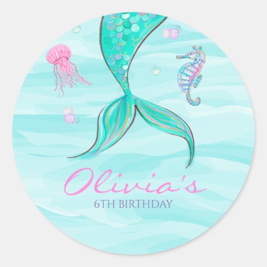 Mermaid Tail onder het Zee van Birthday Ronde Sticker (Voorkant)