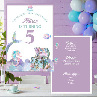 Mermaid Tail Purple Girly Birthday Invitation Kaart