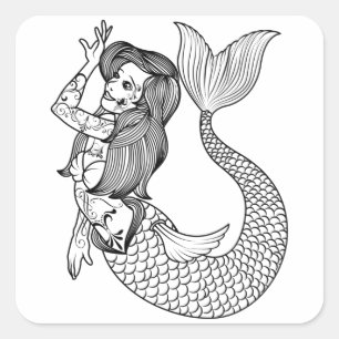 Mermaid Tattoo Mermaid Art Tattoo Girls Vierkante Sticker