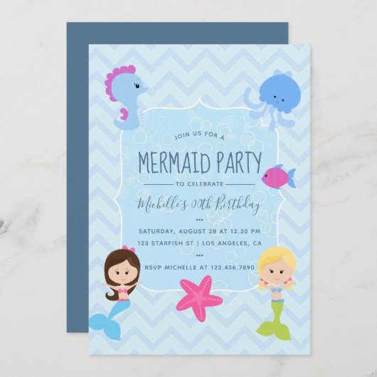 Mermaid thème Anniversaire de fête invitation (Devant / Derrière)