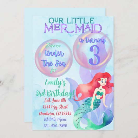 Mermaid Thème Anniversaire Invitation (Devant / Derrière)