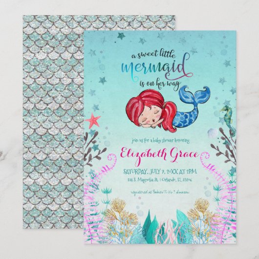 Mermaid Theme Baby shower Invitation Kaart (Voorkant / Achterkant)