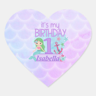 Mermaid themed 1st Birthday Hart Sticker