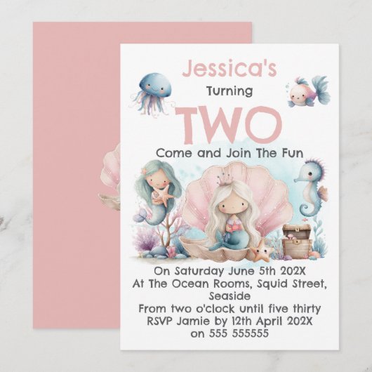Mermaid Themed 2nd Birthday Invitation (Devant / Derrière)