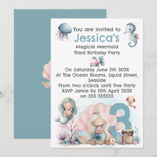 Mermaid Themed 3rd  Birthday Invitation (Devant / Derrière)