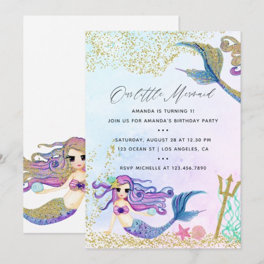 Mermaid themed Birthday Party Kaart (Voorkant / Achterkant)