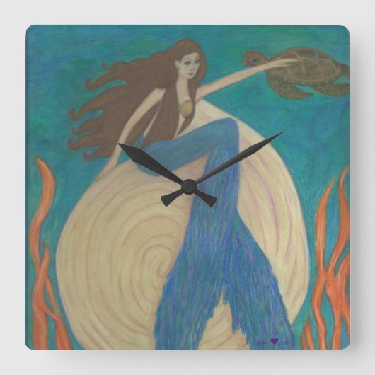 Mermaid & Turtle Wall Clock Vierkante Klok (Voorkant)