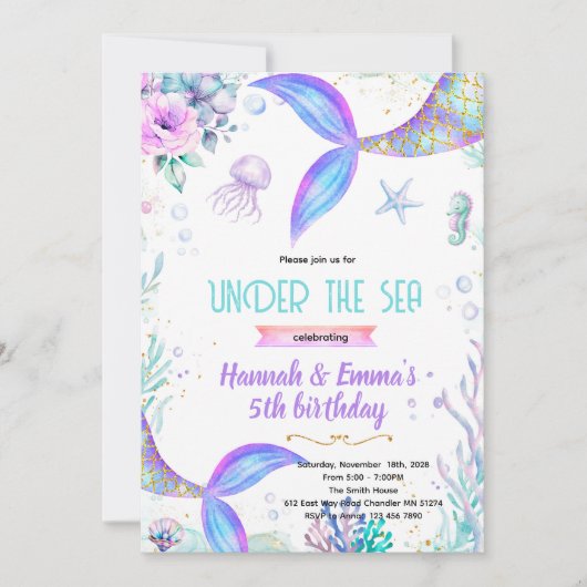 Mermaid twins party invitation (Devant)