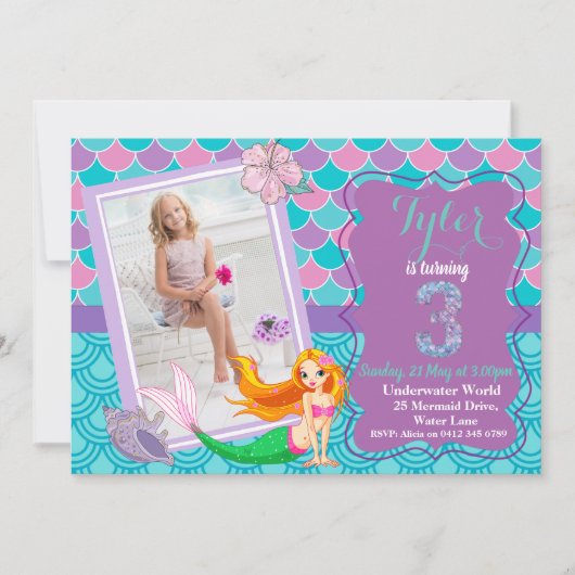Mermaid Under the Sea 3e invitation d'anniversaire (Devant)