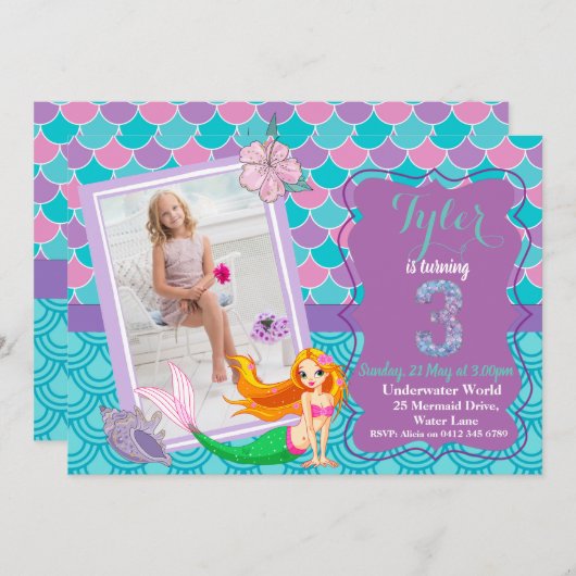 Mermaid Under the Sea 3e invitation d'anniversaire (Devant / Derrière)