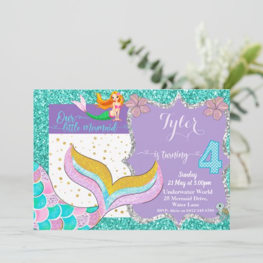 Mermaid Under the Sea 4th Birthday invitation (Debout devant)