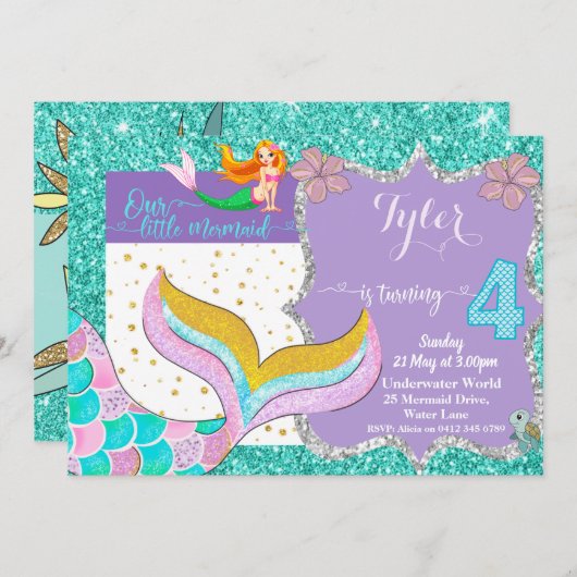 Mermaid Under the Sea 4th Birthday invitation (Devant / Derrière)