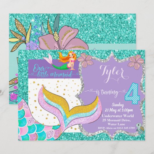 Mermaid Under the Sea 4th Birthday invitation (Devant / Derrière)