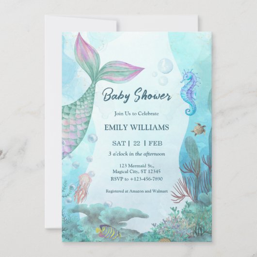 Mermaid Under The Sea Baby Shower Invitations (Devant)