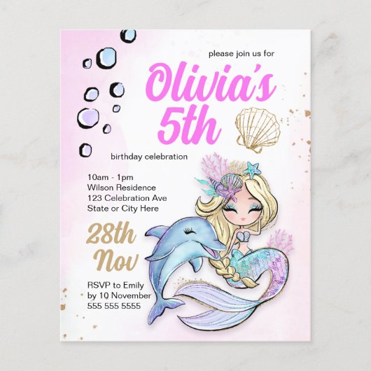 Mermaid under the Zee Birthday Budget Invitation Flyer (Voorkant)