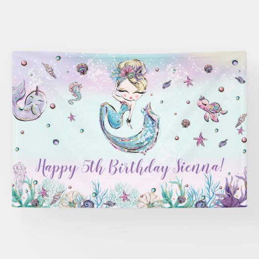 Mermaid under the Zee Birthday Party Backdrop Spandoek (Horizontaal)