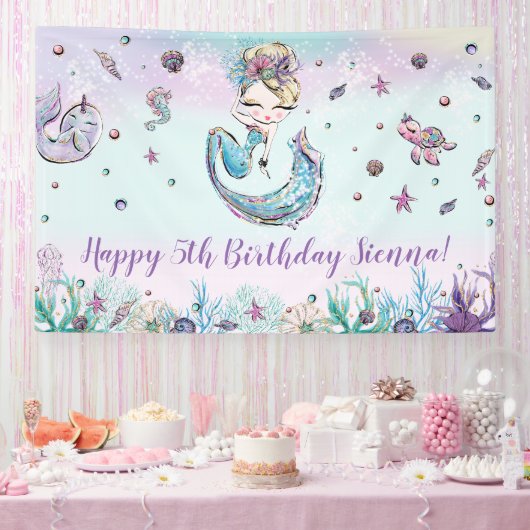Mermaid under the Zee Birthday Party Backdrop Spandoek (Feest)