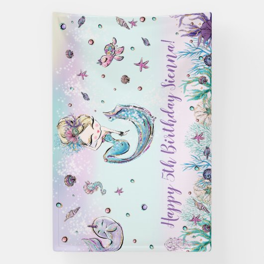 Mermaid under the Zee Birthday Party Backdrop Spandoek (Verticaal)