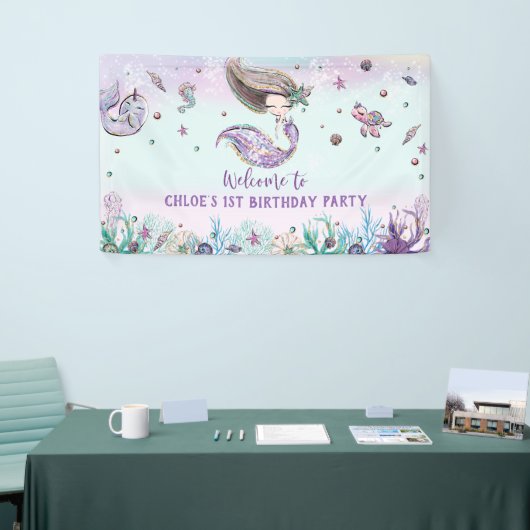 Mermaid under the Zee Birthday Party Backdrop Spandoek (Beurs)