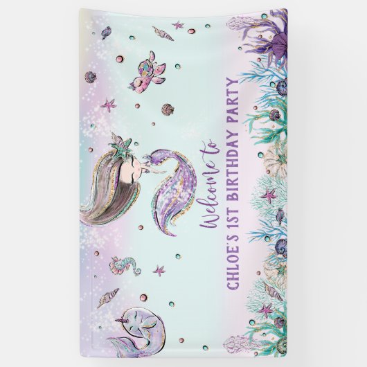 Mermaid under the Zee Birthday Party Backdrop Spandoek (Verticaal)