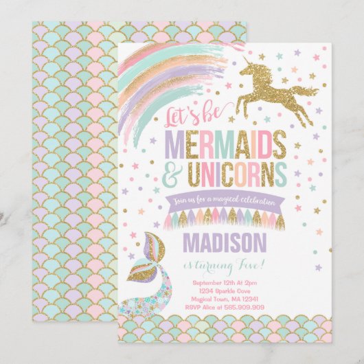 Mermaid & Unicorn Anniversaire Invitation Magie Pa (Devant / Derrière)