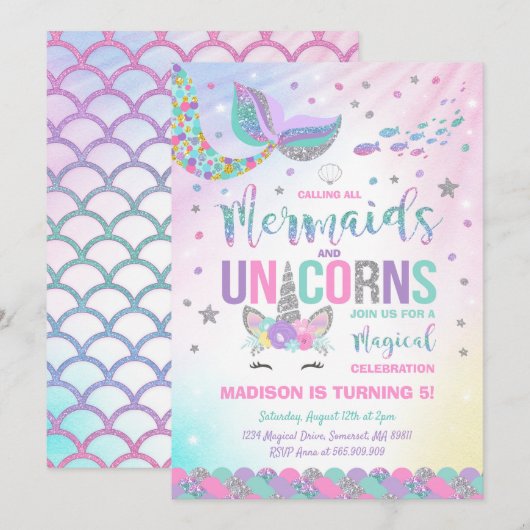 Mermaid & Unicorn Anniversaire Invitation Magie Pa (Devant / Derrière)