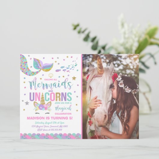 Mermaid & Unicorn Birthday Invitation Magic Party Kaart (Staand voorkant)