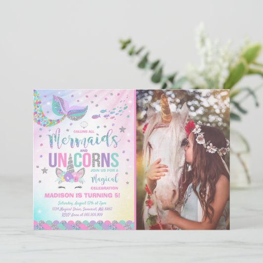 Mermaid & Unicorn Birthday Invitation Magic Party Kaart (Staand voorkant)