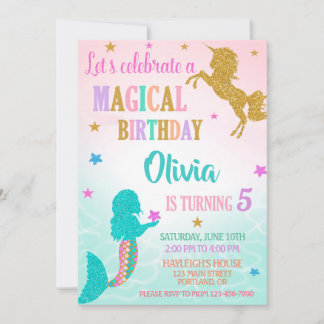 Mermaid Unicorn Birthday Invitation Magical party Kaart