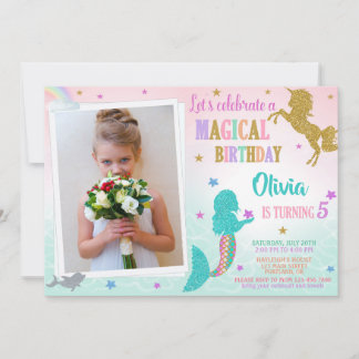 Mermaid Unicorn birthday invitation with photo Kaart