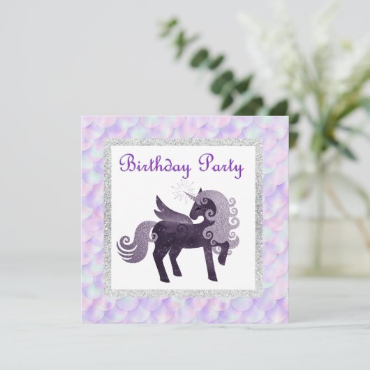 Mermaid unicorn BIRTHDAY PARTIJ INVITATIE PAARS Kaart (Staand voorkant)