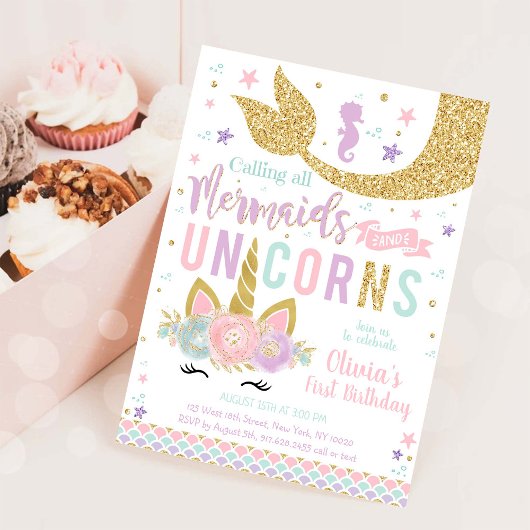 Mermaid Unicorn Girl Birthday Invitation