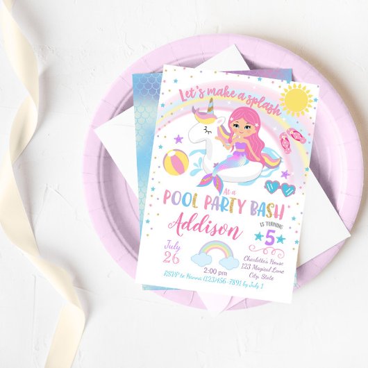 Mermaid Unicorn Pool Party Anniversaire Invitation