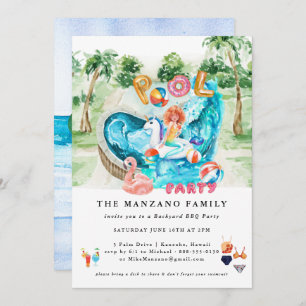 Mermaid Unicorn Pool Party Invitation Kaart