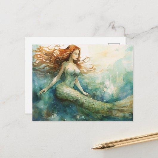 Mermaid Waterverf Briefkaart (Voorkant / Achterkant in situ)