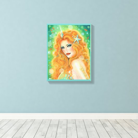 Mermaid with tropical fish art by Renee Lavoie Canvas Afdruk (Insitu (Houten vloer))