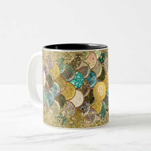 Mermaid Zee Scales Beachy Glam Custom Monogram Tweekleurige Koffiemok (Voorkant links)