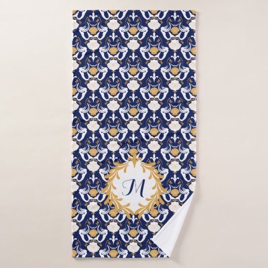 Mermaids and Seashells Damask Pattern Monogrammed Badhanddoek (Badhanddoek)