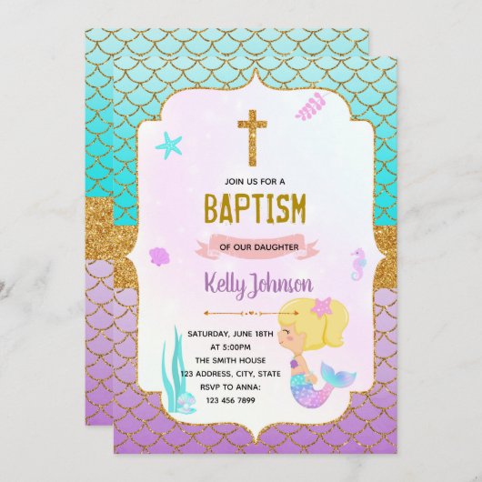 mermaids baptême thème invitation (Devant / Derrière)
