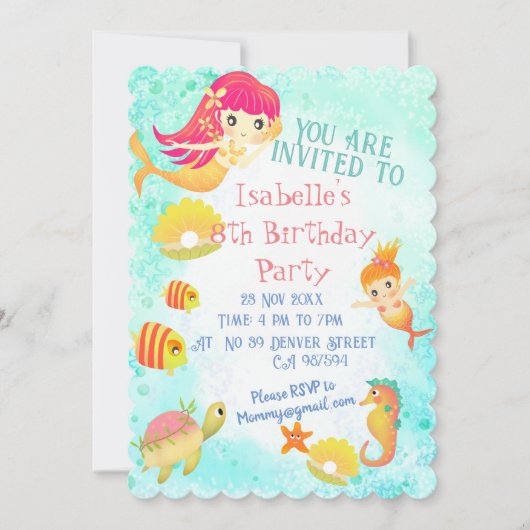 Mermaids Blue Invitation Kaart (Voorkant)