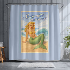 Mermaids Make Waves Retro PinUp Coastal Beach Blue Douchegordijn