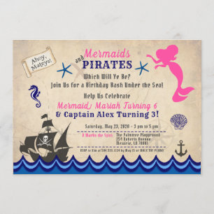 Mermaids & Pirates Invitation, Siblings Invitation Kaart