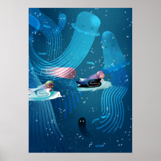Mermaids rennen in oceaankinderen illustratie poster