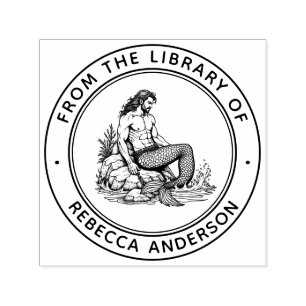 Merman on Rocks Ex Libris Boekplaat Bibliotheek Bo Zelfinktende Stempel