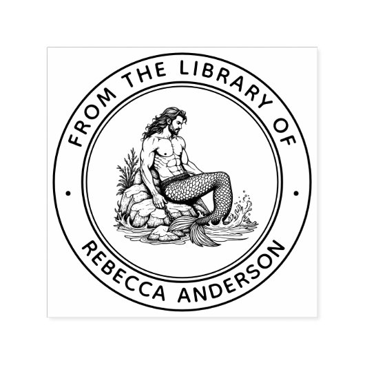 Merman on Rocks Ex Libris Boekplaat Bibliotheek Bo Zelfinktende Stempel (Design)