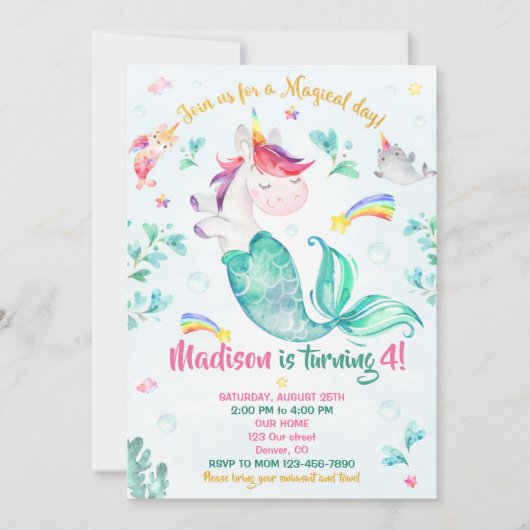 Mermicorn invitation anniversaire Fille Fête magiq (Devant)